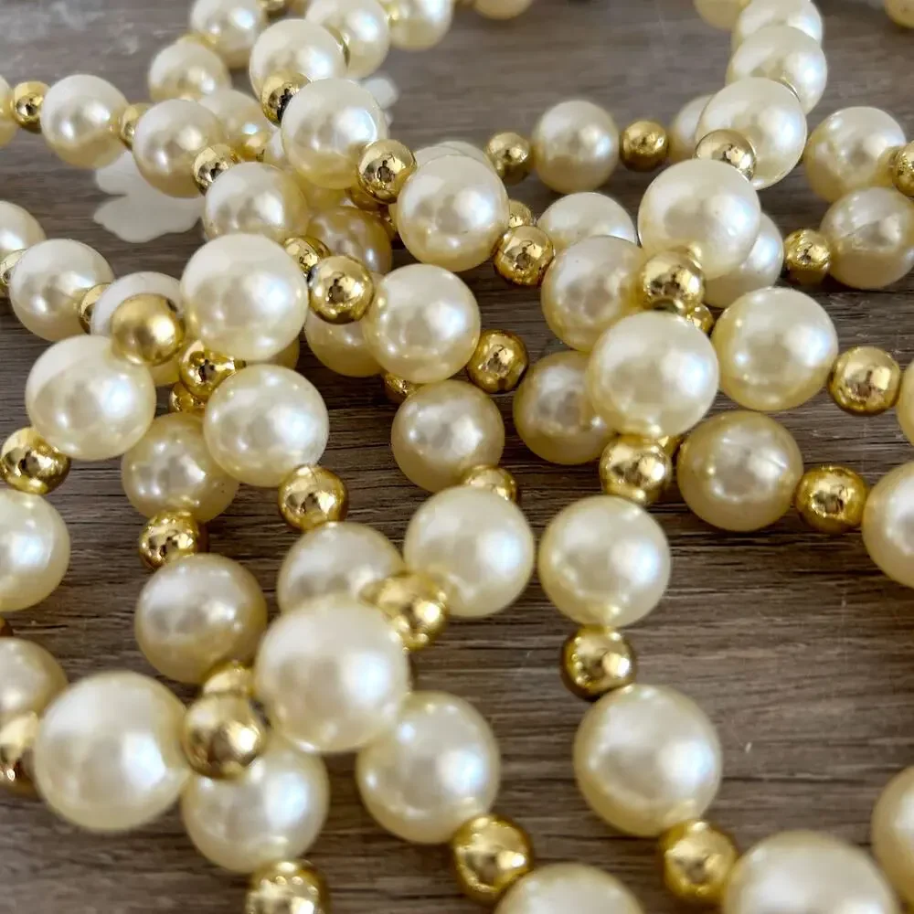Vintage Set of 2 9’ Long Faux Pearl and Gold Bead Christmas Tree Garland EUC